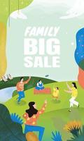 Beautiful modern view of nature landscape with family activity on the hill. Big Sale discount banner, background scenery vector illustration