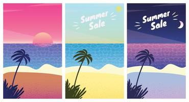 Summer beach landscape at sunrise, sunset and night. Summer Sale Season banners set template vector illustration