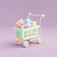 Cute whimsical 3D shopping cart icon character perfect for e-commerce, retail projects, website icons, app buttons, marketing materials. Adorable cartoon-like design, cheerful colors photo