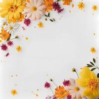 Top view floral background photo with plenty of copy space, perfect for website backgrounds, social media posts, advertising, packaging, etc. Vibrant flowers, lush greenery, shallow depth of field.