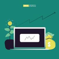 Return on investment concept, ROI chart and graph, Business, profit, and success. Growing money tree, Gold coins on branches. Symbol of wealth. Flat style vector illustration