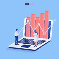 Business arrow and graph concept with woman and man discuss data on the laptop. grow chart up increase profit sales and investment. background vector