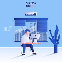 Man working on computer in the office. Man sitting on chair behind the desk. Background vector illustration