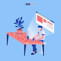 Man working on computer concept. Building a landing page of website. Vector illustration