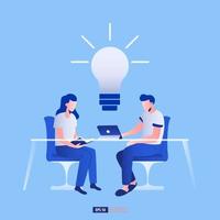 Teamwork and development concept. Woman and man brainstorming to get ideas. Vector illustration