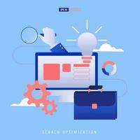 Data management and  SEO Concept. Laptop, website, data, bag, magnify. Vector illustration