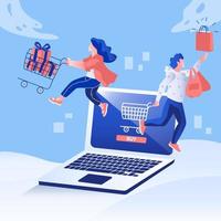 Shopping online app sale promotion concept. Advertise banners, brochure, poster. People holding a shopping cart and bag flying from Laptop vector illustration