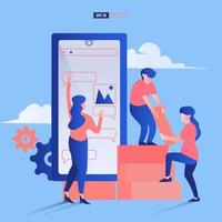 Teamwork and development concept. Group of people man and woman build together an application on a smartphone. Vector illustration