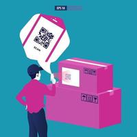 Worker is doing a QR scan on the stack of boxes. Business vector illustration