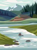 Beautiful modern view of nature landscape with forest, mountains,river,lake,waterfall,and pines. Banner, background scenery vector illustration