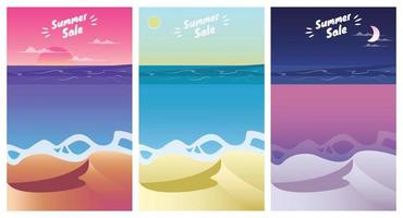 Summer beach landscape at sunrise, sunset and night. Summer Sale Season banners set template vector illustration
