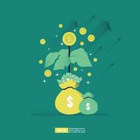 Return on investment concept, ROI chart and graph, Business, profit, and success. Growing money tree, Gold coins on branches. Symbol of wealth. Flat style vector illustration