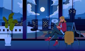 Women holding phone waiting to board and sitting in the airport terminal hall at night. Travel vacation vector illustration