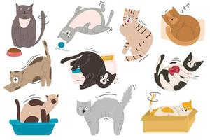 coloca a un lindo gato en diferentes poses aislado en un fondo blanco en un estilo moderno y plano. animales vector