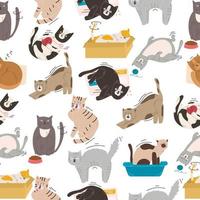 Seamless pattern of cute cats in different poses on a white background in a modern flat style. Animals. vector