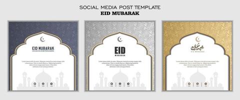 Set of social media post template, square background with black gold white color and simple ornament design for islamic party vector