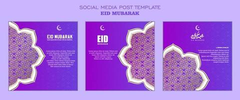 conjunto de plantilla de publicación en medios sociales, fondo cuadrado con color púrpura y diseño de adorno simple para fiesta islámica vector