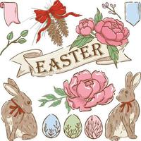 Illustration hand drawn rabbit,easter egg,flower vintage style vector