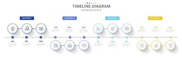 plantilla infográfica para negocios. Calendario de diagrama de línea de tiempo moderno de 12 meses con trimestres, infografía vectorial de presentación. vector