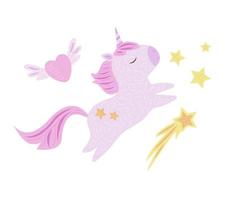 lindo unicornio corriendo con textura y estrellas y corazón con alas vector