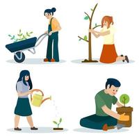 Characters planting seedlings and growing trees into soil working in Garden, volunteering, charity social and environment concept. Volunteer people plant trees in park, World environment day vector