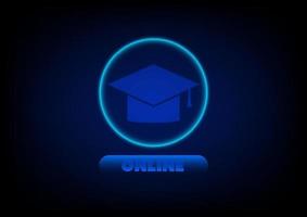 Mortarboard with button and online text and light ring on blue background. Education or course online, Elearning. Study at home. vector