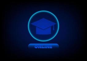 Mortarboard with button and online text and light ring on blue background. Education or course online, Elearning. Study at home. vector