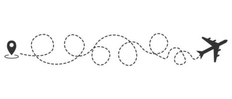 Airplane line path of air plane flight route with start point and dash line trace. Vector illustration