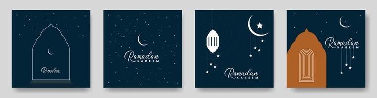 juego de tarjetas de felicitación en inglés ramadan kareem. Publicación en redes sociales de luna creciente y estrellas. Deseos bohemios del tema Ramadán. vector