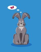 Romantic depressed gray rabbit on the blue background. Isolated flat cartoon character vector