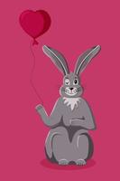 Romantic playful gray rabbit with heart balloon on magenta background. Isolated flat cartoon character vector