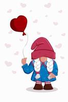 Romantic cartoon valentine garden gnome girl with red heart ballon on the white background with hearts. Tamplate for invitation, postcard, background, greeting card. Vector isolated flat character