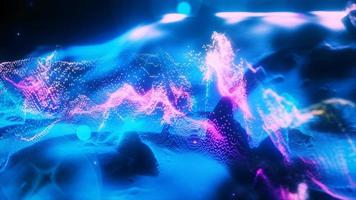 Abstract moving blue futuristic landscape of particles and dots of energetic magic with glow and blur effect, abstract background. Video 4k, motion design