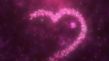 Glowing purple love heart made of particles on a purple festive background for Valentine's Day. Video 4k, motion design