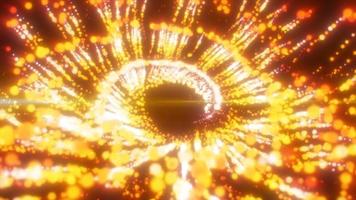 abstracto volando en espiral en un torbellino explotando partículas de energía mágica luminosa amarilla brillante, fondo abstracto. video 4k, diseño de movimiento