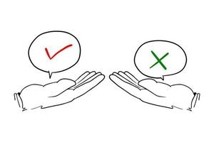 Check mark icon OK and X. a pair of hands facing each other. vector