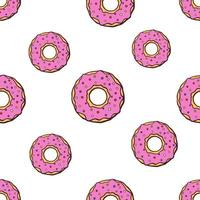 Seamless pattern with falling big and small donuts with pink glaze and colored sugar dragees on white background. Pattern with contour vector