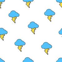 Seamless pattern with yellow electric lightning bolts and blue clouds on white background. Weather symbol. Pattern with contour vector