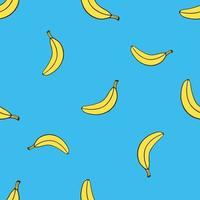 Seamless pattern with falling yellow not peeled banana in pop art style on blue background. Healthy vegetarian food. Pattern with contour vector