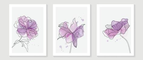 Abstract floral and botanical watercolor wall art vector set. Botanical flower line art with vibrant color painted background. Minimal nature design for home decor, interior, poster, cover, banner.