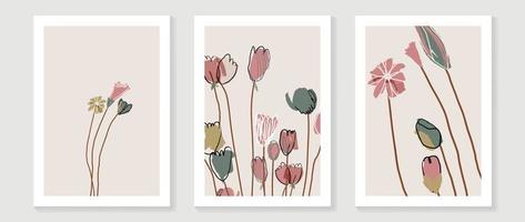 Abstract floral and botanical watercolor wall art vector set. Hand painted botanical flower line art and earth tone color. Minimal nature design for home decor, interior, poster, cover, banner.