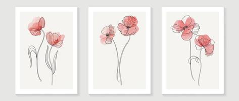 Abstract floral and botanical watercolor wall art vector set. Botanical flower line art with organic shapes, earth tone colors. Minimal nature design for home decor, interior, poster, cover, banner.