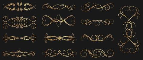 Collection of geometric art deco ornament. Luxury golden decorative elements with different delicate curve lines, divider and borders. Elegant vector set design for card, invitation, poster, banner.