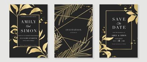 Luxury wedding invitation card background vector. Elegant gold botanical leaf branch line art, frame and golden brush stroke texture. Design illustration for wedding and vip cover template, banner. vector