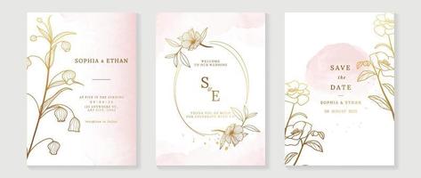 Luxury wedding invitation card background vector. Elegant botanical flower leaf branch gold line art and watercolor texture background. Design illustration for wedding and vip cover template, banner. vector