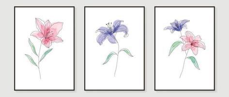 Abstract floral and botanical watercolor wall art vector set. Botanical flower line art with vibrant color painted background. Minimal nature design for home decor, interior, poster, cover, banner.