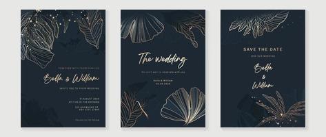 Luxury wedding invitation card background vector. Elegant botanical leaf branch gold line art and sparkle on dark texture background. Design illustration for wedding and vip cover template, banner. vector