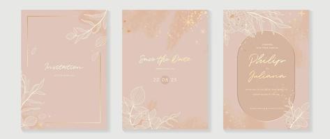 Luxury wedding invitation card background vector. Elegant botanical floral leaf branch gold line art and sparkle texture background. Design illustration for wedding and vip cover template, banner. vector