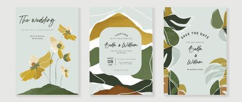 Luxury wedding invitation card background vector. Vibrant hand painted watercolor botanical floral leaf branch and line art texture. Design illustration for wedding and vip cover template, banner. vector