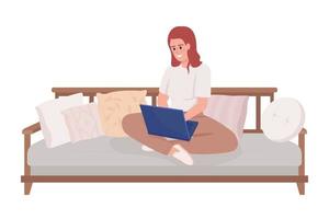 Smiling woman with laptop sitting on couch legs crossed semi flat color vector character. Editable full body person on white. Simple cartoon style illustration for web graphic design and animation